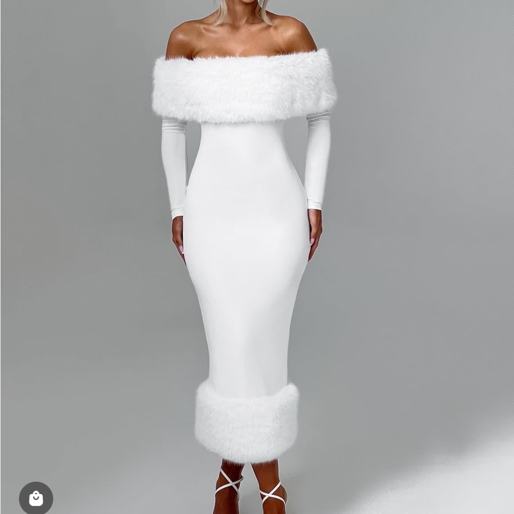 Babyboo Vittoria Off-Shoulder White Midi Dress with Faux Fur Trim